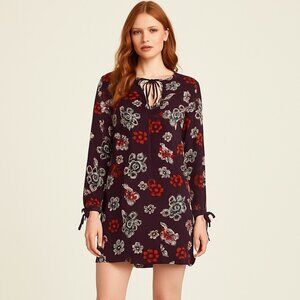 Charles Henry Boho Floral Tie-Neck  Dress Burgundy Fall Cottagecore Sz M